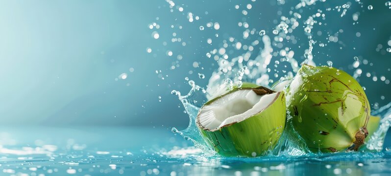 Coconut water splashing out of a fresh green coconut isolated on a pastel summer blue background with copy space