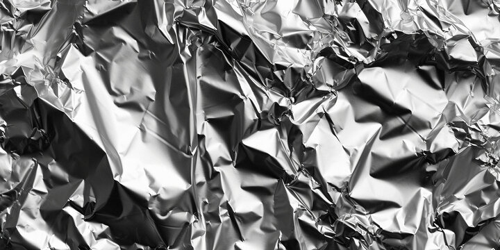 Texture of a thin crumpled sheet of foil. Crumpled foil background. Stock photo shiny foil. Silver chrome color. copy space. Silver metallic crumpled aluminum foil background. black and white effect