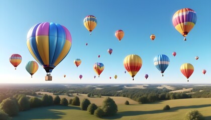 Fototapeta premium colorful balloons aircrafts in the blue sky with clouds over a beautiful country landscape