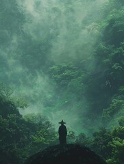 A man in a hat standing on the ground with a green forest.