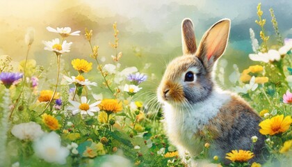 small young rabbit is sitting in field among wildflowers and grass watercolor cute bunny and spring flowers happy easter concept floral postcard card banner element for design with animal