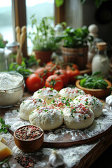 close shot of dough, flour, minced meat, on a stone kitchen table, natural lighting