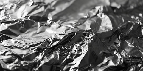 Crumpled foil close-up. Macro shooting of mashed metal paper. Silver background texture. Abstract monochrome overlay background black and white silver effect. Texture of shiny piece aluminium foil
