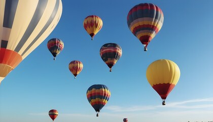 Fototapeta premium colorful balloons aircrafts in the blue sky with clouds over a beautiful country landscape