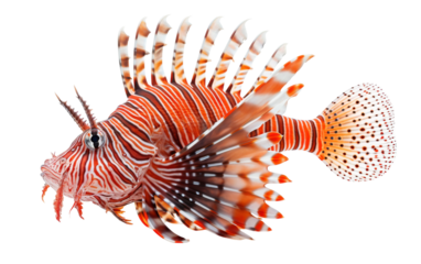 A striking red and white lionfish floats gracefully against a pristine white background