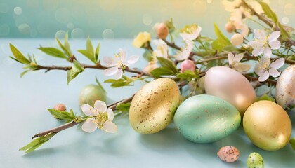 colorful small easter eggs with flowers and branches on a light blue background yellow and green tones easter card background spring design element