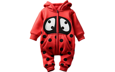A vibrant red and black ladybug onesuit dances gracefully on a dazzling white background