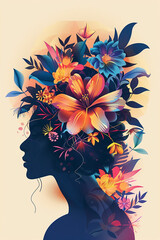 a graphic poster illustration of a unrecognizable profil of a woman, with magnificient flowers in her hair