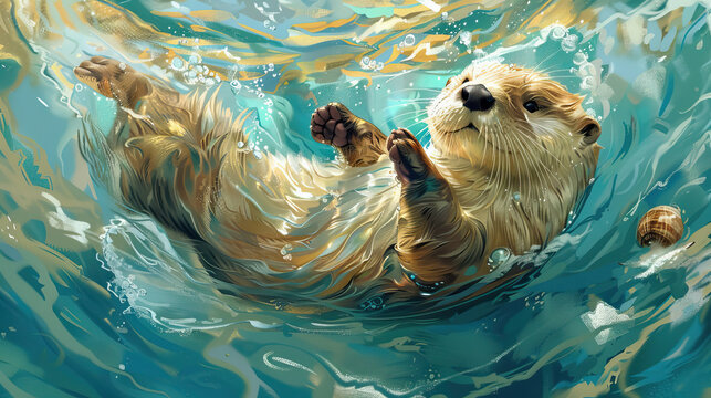Otter Blissfully Backstroking in Sunlit Waters
