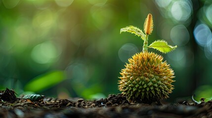 A durian seed germinating with a focus on the beginning of life and growth of the notorious fruit - obrazy, fototapety, plakaty