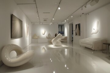 : A modern art gallery with white walls, spotlights illuminating abstract sculptures, and a...