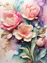  peonies in various stages of bloom is depicted in soft pastel tones against a muted background.