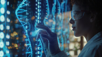 A scientist working with advanced genetic editing tools in a high-tech laboratory, focusing on a DNA strand displayed on a holographic screen