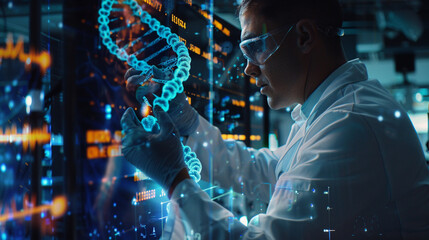 A scientist working with advanced genetic editing tools in a high-tech laboratory, focusing on a DNA strand displayed on a holographic screen