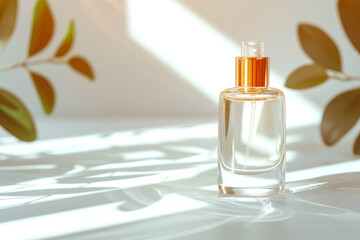 Bottle of essence perfume on white background with sunlight and shadows of leaves. Minimal style perfumery template - obrazy, fototapety, plakaty