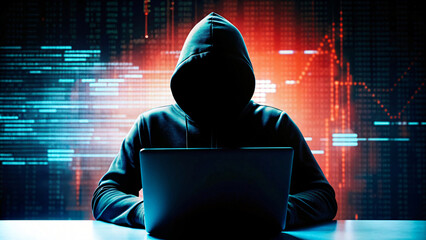 Hacker with laptop working on computer, engaging in cyber theft and fraud, posing danger to online security