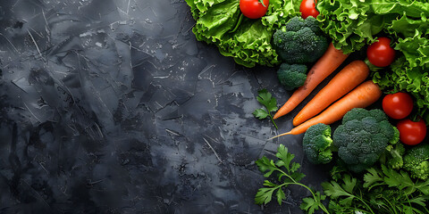 Top view of vegetables on gray surface, broccoli, carrot, tomatoes, lettuce - obrazy, fototapety, plakaty