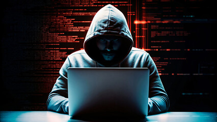 Hacker with laptop working on computer, engaging in cyber theft and fraud, posing danger to online security