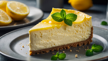 delicious cheesecake with lemon on the table