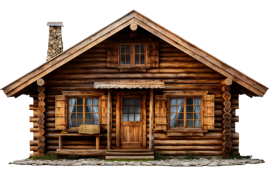 A quaint log cabin with two windows and a porch nestled in the forest