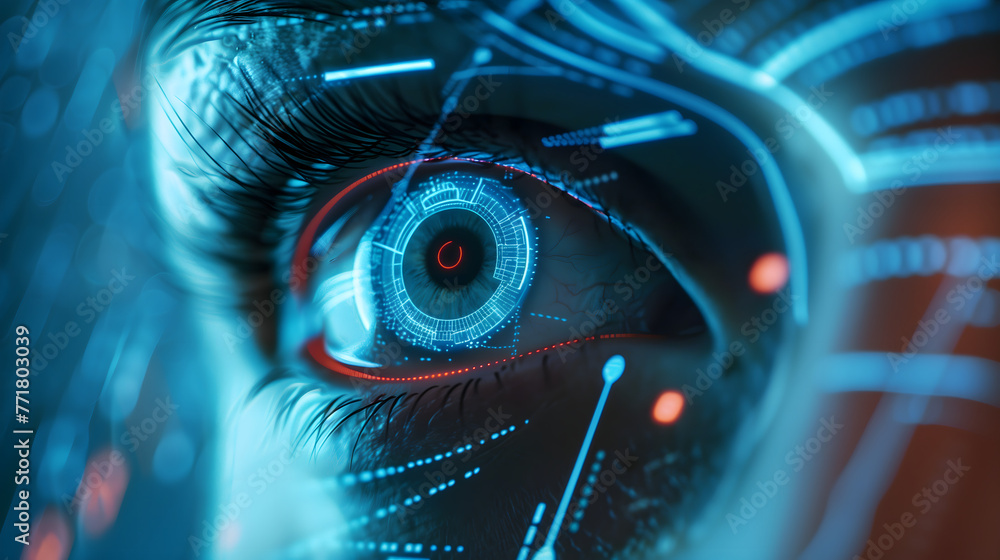 Poster a closeup of an eye with futuristic holographic technology overlay, symbolizing the integration and 