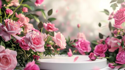 Fototapeta na wymiar Podium background flower rose product pink 3d spring table beauty stand display nature white. Garden rose floral summer background