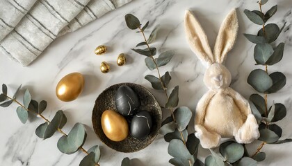luxury easter flat lay composition with black and golden eggs eucalyptus leaves bunny rabbit towel on marble table happy easter concept top view