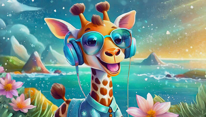oil painting style firefly cartoon character cute funny baby giraffe in head phones and sunglasses talking with megaphone - obrazy, fototapety, plakaty