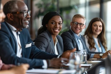 Group of multi ethnic executives discussing during a meeting. Business man and woman sitting around table at office and smiling. - obrazy, fototapety, plakaty