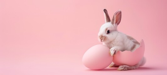 Easter bunny rabbit with painted egg on pink background. Easter holiday concept.
