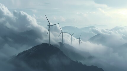 Wind generators on a cloudy ridge. Alternative ecologically clean energy - obrazy, fototapety, plakaty