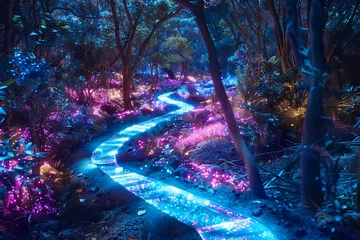 Foto op Aluminium : A network of translucent pathways winds through a luminescent forest, pulsating flora illuminates the otherworldly landscape. © crescent