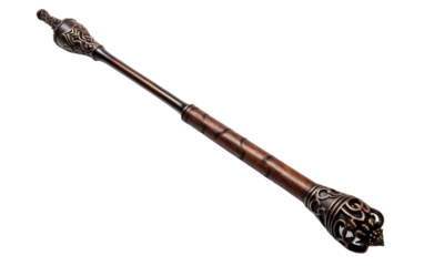 A wooden stick adorned with intricate, decorative designs