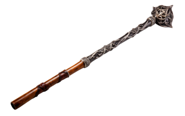 A wooden and metal sword with a detailed design etched into its surface