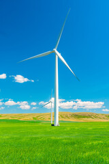 Wind turbine in a summer farm field under a hot blue sky - obrazy, fototapety, plakaty
