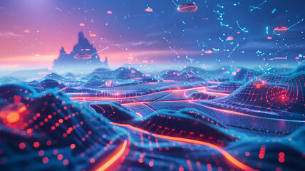 A depiction of a virtual reality network, with floating, interconnected virtual landscapes and data streams in a boundless, digital expanse.