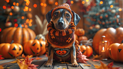 Celebrating October festivities, a dog in a Halloween outfit poses with carved jack-o-lanterns and autumn leaves. - obrazy, fototapety, plakaty