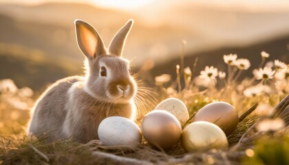 Fototapeta na wymiar easter bunny and easter eggs on nature background easter holiday concept
