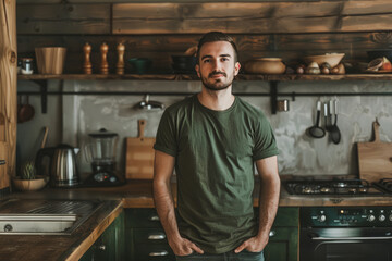 Cheerful young man in t shirt standing on the rustic kitchen. Generative AI