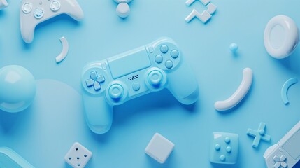 Naklejka premium Fun gaming banner, light blue colors. Gaming device on blue background