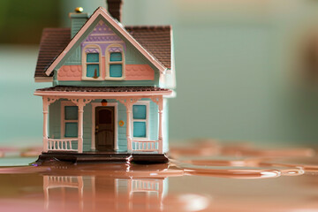 A pastel periwinkle miniature house, offering a dreamy charm and serenity, on a glossy chocolate brown surface.