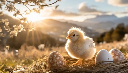 a easter setting with a chick