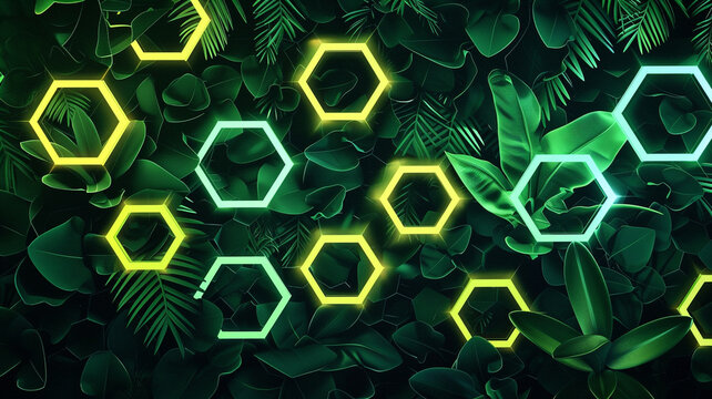 A neon jungle-themed digital hexagon background, with fluorescent green and yellow hexagons set against a backdrop of dark, leafy greens, mimicking exotic plant life.