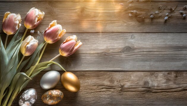 tulips and painted eggs on vintage wooden plank easter background