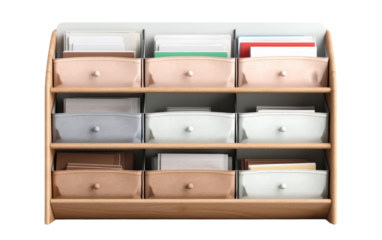 A wooden shelf abundant with neatly arranged files and folders