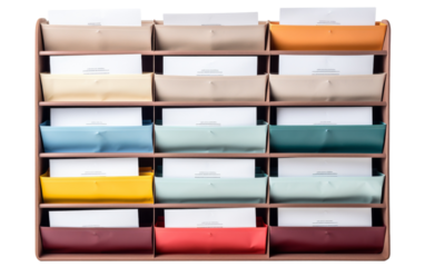 A wooden shelf displays an abundance of colorful folders neatly stacked on top of each other