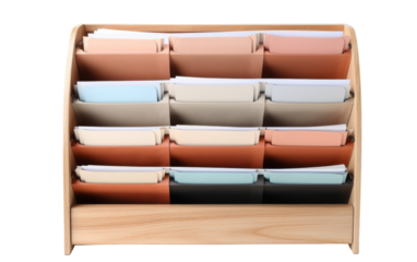 A wooden shelf brimming with colorful folders in a variety of sizes