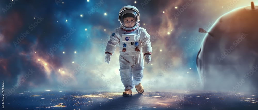 Wall mural baby astronaut wearing extravehicular mobility unit and helmet walking in outer space