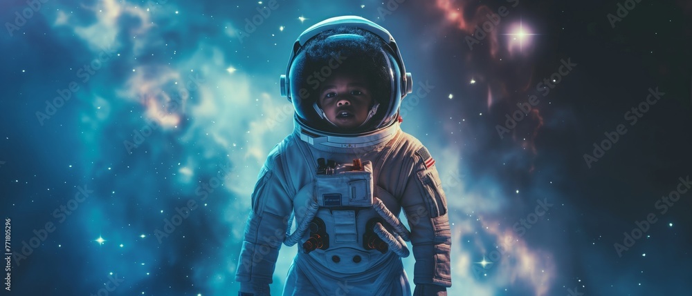 Wall mural baby astronaut wearing extravehicular mobility unit and helmet walking in outer space