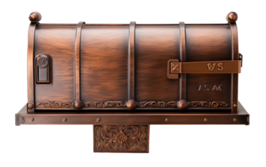 Metal mailbox sits atop shelf